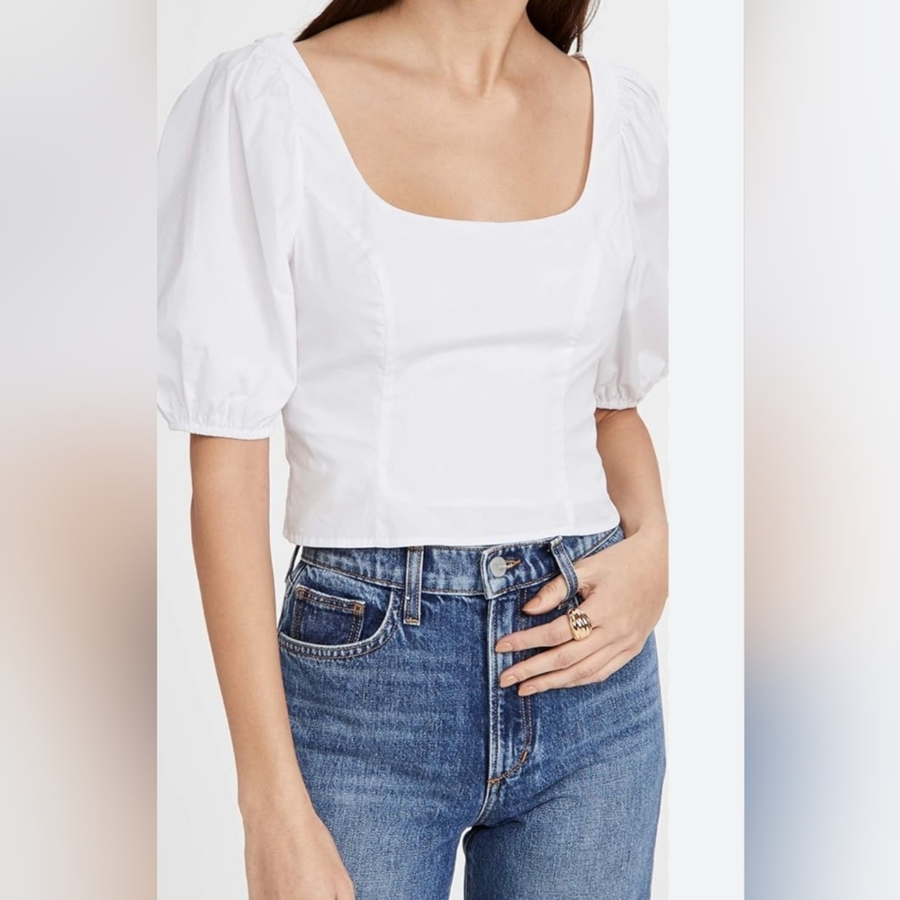 STAUD Papaya Puff Sleeve Crop Top S White Cotton Square Neck 4 Romantic Modern